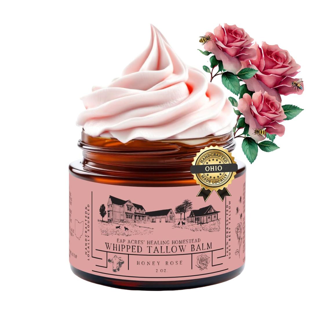 Rose-infused 100% Grass-Fed Whipped Tallow Balm-Organic Raw Manuka Honey & Organic Jojoba Oil, Rosehip Oil, Face and Body Moisturizer for Dry, Sensitive Skin, Eczema (Honey Rose) (2 Ounce (Pack of 1))