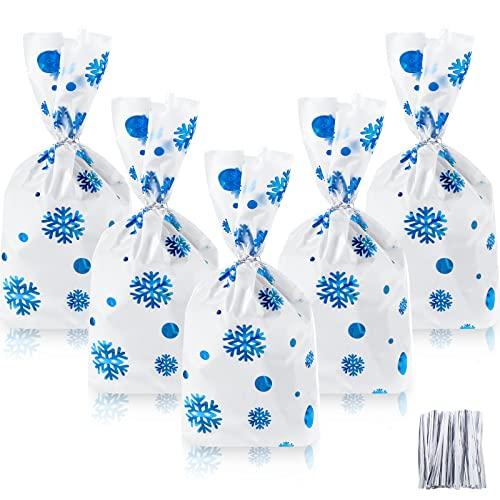 Unique Part Bags 100 Pcs Christmas Favor Bags Snowflake Santa Claus Treat Bags Flat Cellophane Plastic Container for Bakery Cookies Candies Dessert with 100 Pieces Twist Ties(Snowflake,Blue)