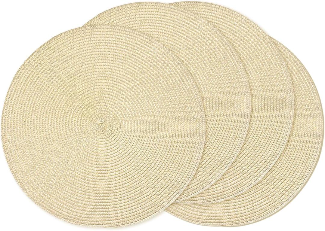 AHHFSMEI Round Braided Placemats 15 Inch Round Table Mats for Dining Tables Natural Woven Heat Resistant Place mats Set of 4(Beige)