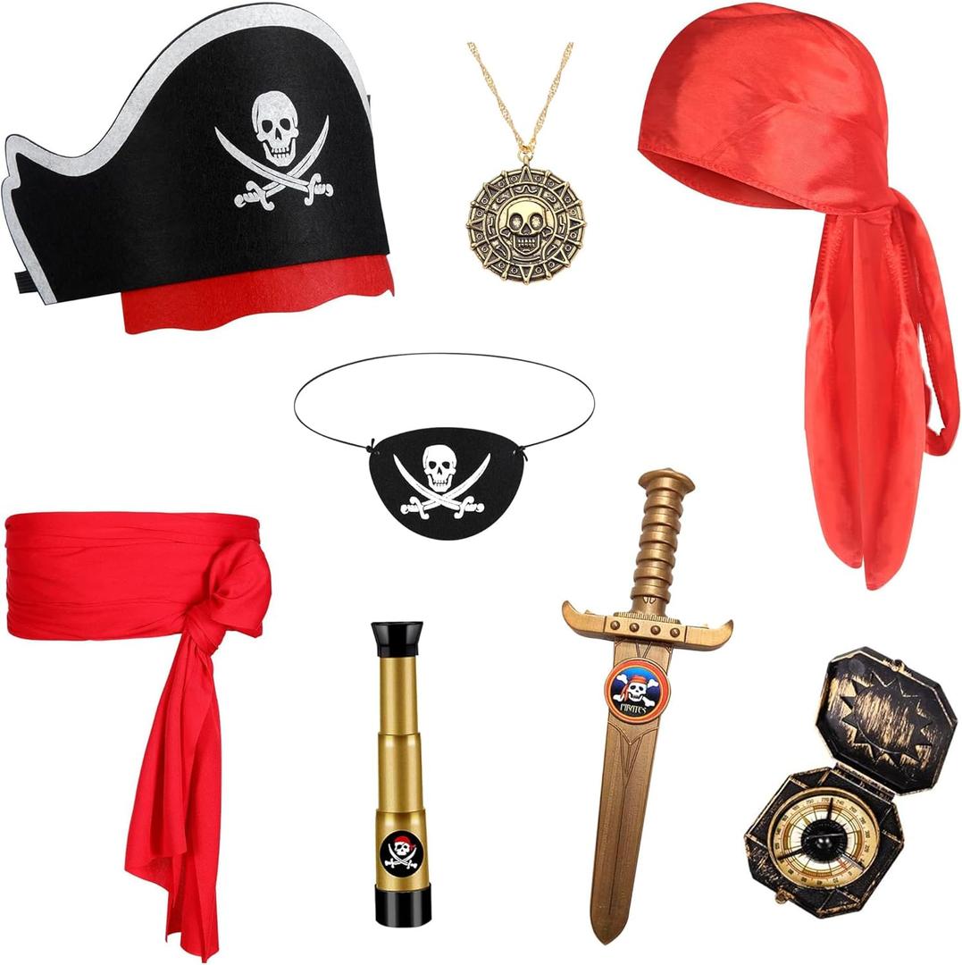 GZ-LAOPAITOU 8 Pcs Pirate Accessories Set Kids Captain Role Play Pirate Costume Accessories Halloween Cosplay, Black