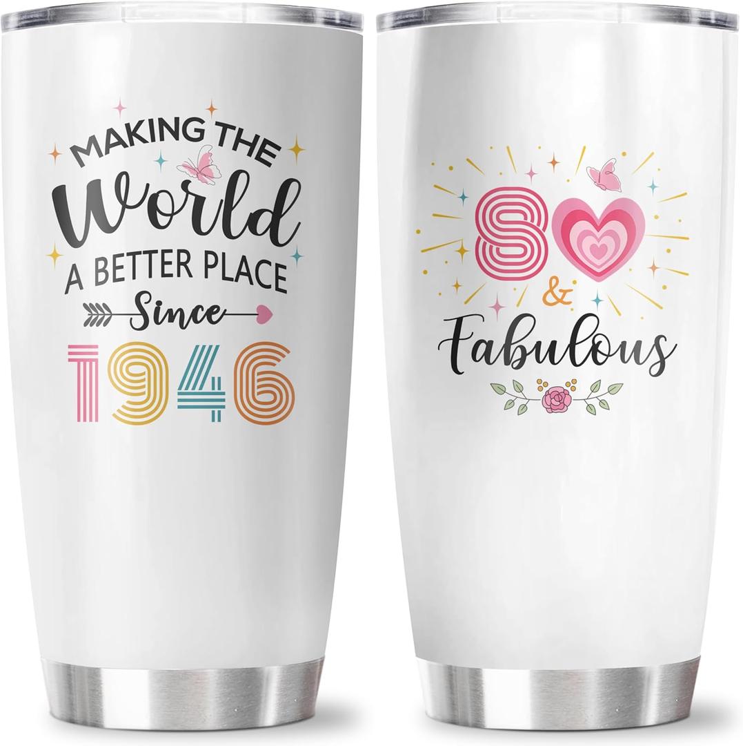 80th Birthday Gifts for Women Tumbler 20OZ 1PC, 80 Year Old Birthday Gift Decorations, 80-Year-Old Present for Woman, Happy Eighty Years Old Party Decor Ideas for Her Female Mom Sister Grandma
