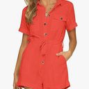 GRAPENT Women's Summer Short Sleeve Button Down Pockets Belted Jumpsuits Rompers Size Medium