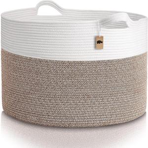 Little Hippo XXXL Cotton Rope Basket (22"x14") 100% Natural Cotton! Baby Gift, Large Blanket Storage for Living Room, Toy and Pillow Organizer (White & Brown)