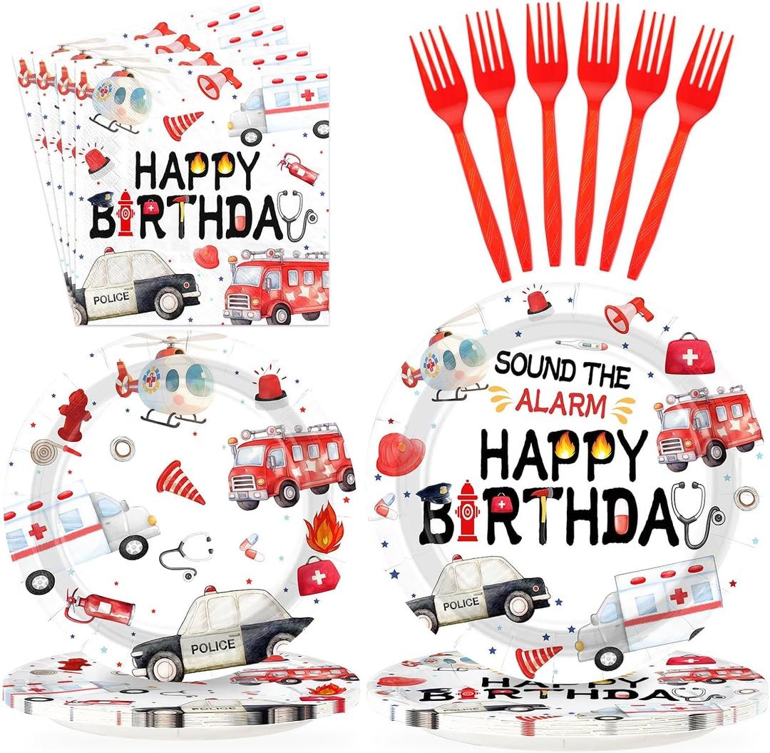 Grencian 96pcs Emergency Vehicle Birthday Party Decorations Fire Truck Plates and Napkins Ambulance Tableware Police Car Dinnerware for Kids Boys Girls Emergency Vehicle Birthday Party Decorations
