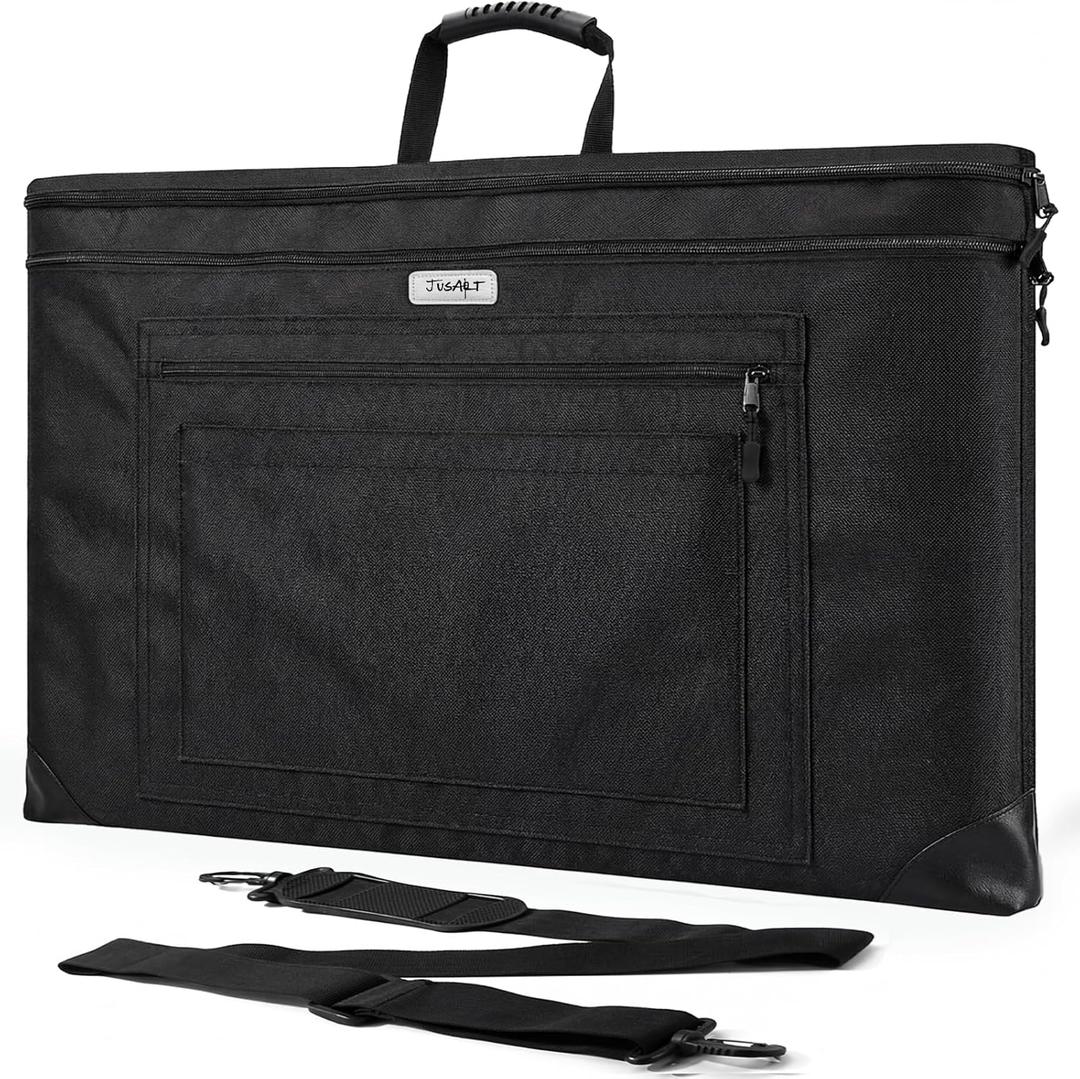 JusArt Art Portfolio Bag, 24x36 Foldable Light Weight Portfolio Folder Case with Adjustable Shoulder Strap, Leather Corners, Waterproof Art Bag for Artists and Adults for Artwork, Poster, Sketching Black