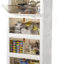 4 Tier Stackable Storage Bins with Lids, Plastic Storage Containers with Magnetic Doors & Wheels, Collapsible Storage Bins Closet Organizers, Foldable Organization for Home, Party, Office, Dorm