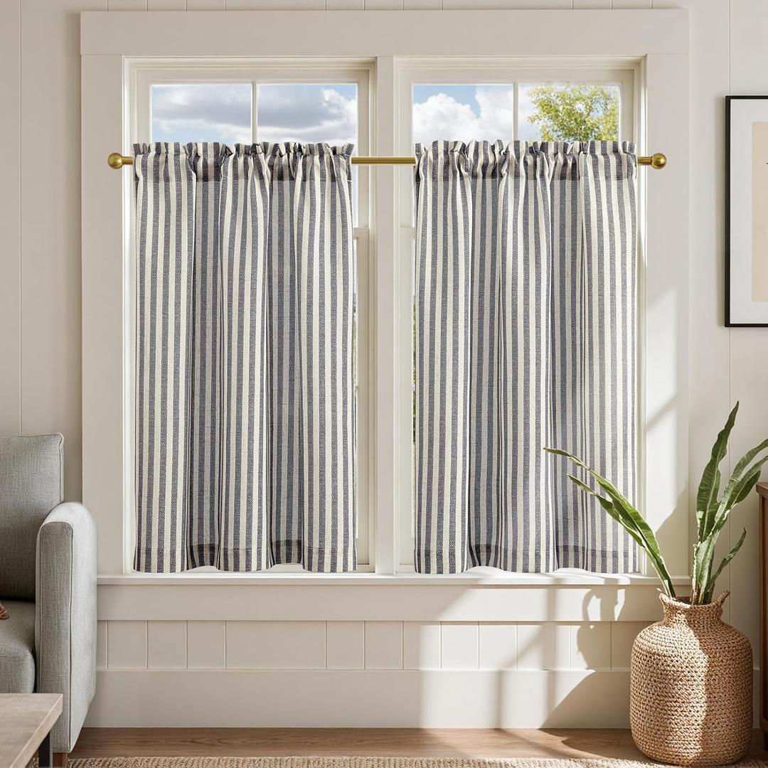 jinchan Linen Kitchen Curtains 36 Inch Length Striped Tier Curtains Ticking Stripe Small Drapes for Living Room Bathroom Cafe Small Window Farmhouse Rustic Pinstripe Rod Pocket 2 Panels Black