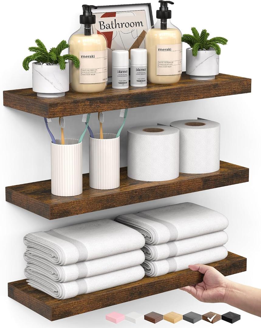 BAYKA Rustic Brown Bathroom Floating Shelves, 15.7in, 3Pk, Wall Mount Shelf