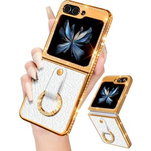 Shorogyt for Samsung Galaxy Z Flip 5 Case with Ring Holder - Elegant Bling Diamond Rhinestone Luxury Sparkly Cover for Women Girls (White)