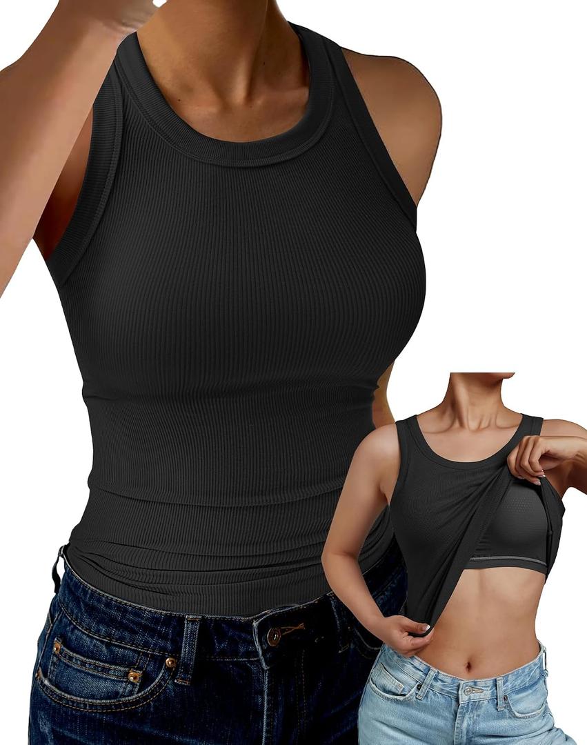 GKBK Tank Top for Women Built in Bra High Neck Ribbed Basics Tops Racerback Fitted Bra Tanks, XL