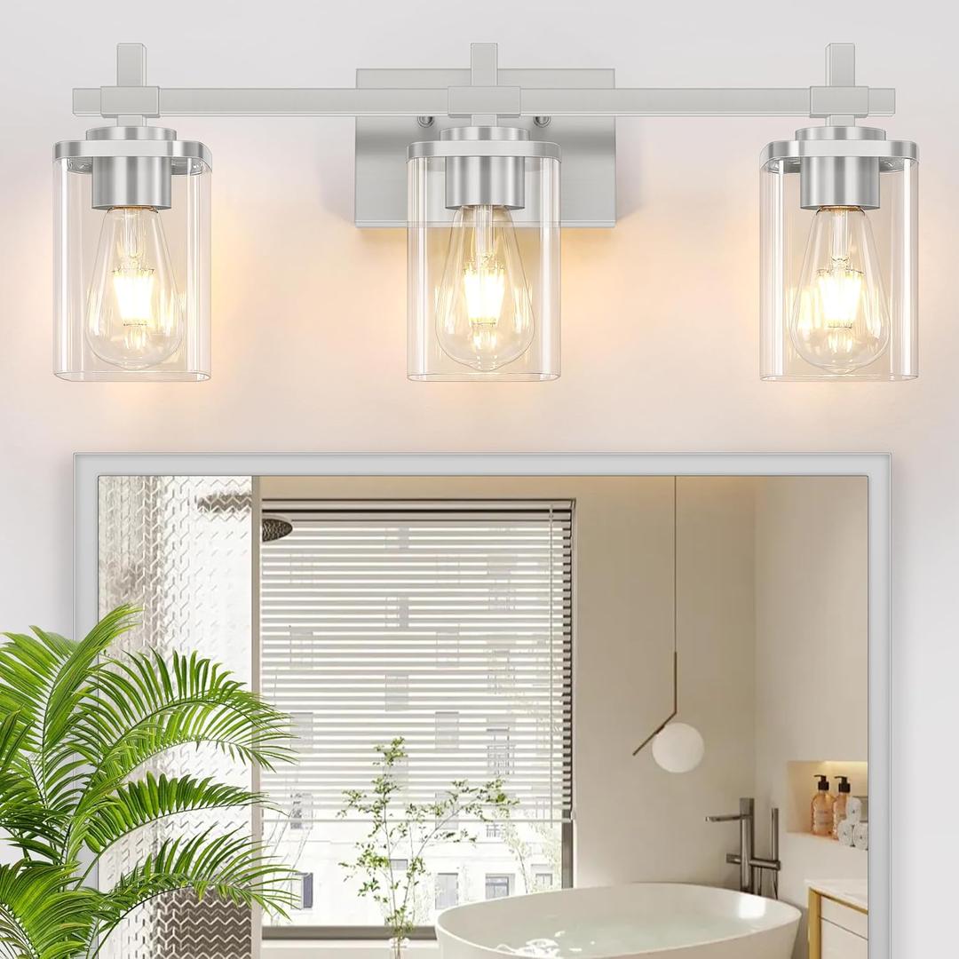 Brushed Nickel Bathroom Light Fixtures, 3-Lights Bathroom Vanity Light with Glass Shades, Modern Vanity Lights for Mirror, Wall Lights for Living Room, Hallway, Cabinet, E26 Base