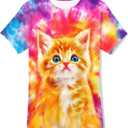 SunFoucs Girls Kids Shirts Size 5-12 Tie Dye Casual Tshirt Short Sleeve Crewneck Tee Top (8-9 Years, Cat 02)