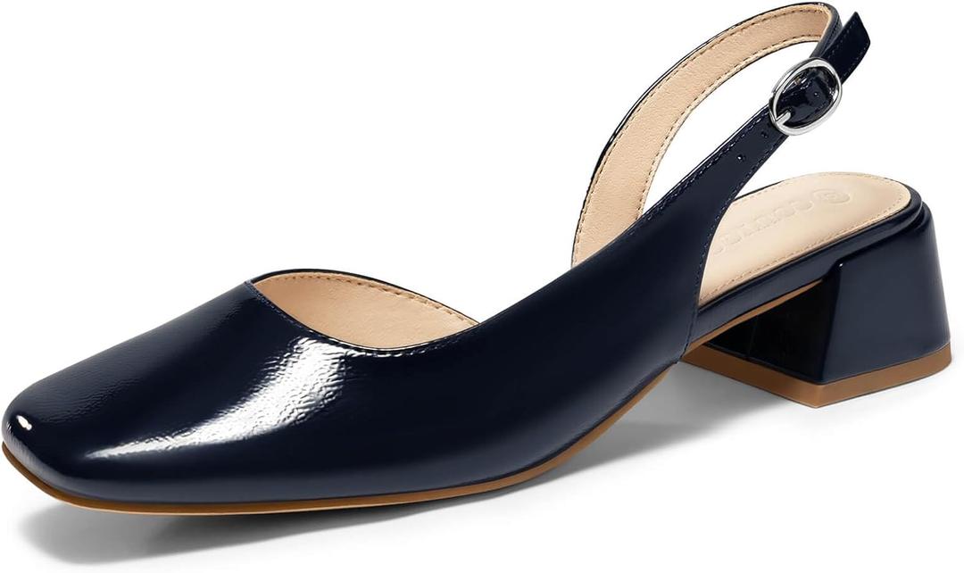 Coutgo Womens Chunky Low Heels D'Orsay Slingback Pumps Closed Square Toe Work Office Dress Shoes, Navy, Size 9.5