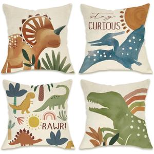 Fahrendom Boho Dinosaur Rawr Decorative Throw Pillow Covers 18 x 18 Set of 4, Bohemian Dino Stay Curious Porch Patio Outdoor Pillowcase, Sun Rainbow Plant Sofa Couch Cushion Case Home Decor