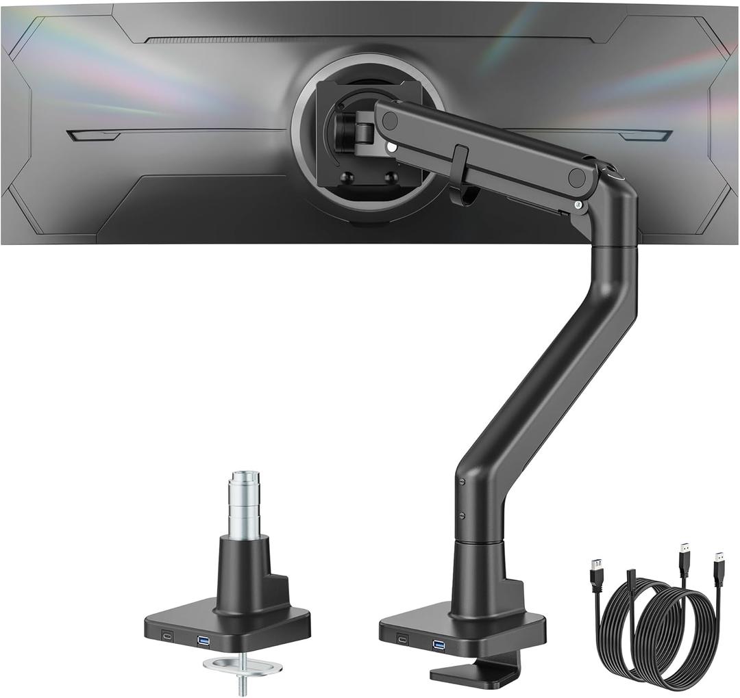 monTEK Single Monitor Arm with USB A/C, Ultrawide Monitor Stand for 17 to 57 Inch Curved Screen, Holds 59.4 lbs, Adjustable Gas Spring Arm, 75/100 VESA Mount, Clamp & Grommet Desk Mount, Black