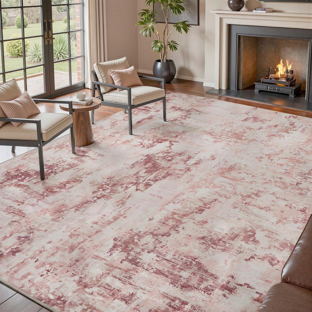 tchdio Area Rug 9x12 Rugs for Living Room- Abstract Soft Living Room Rug-Non Slip Carpet- Washable Pink Rug for Bedroom Dining Room Home Office