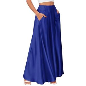 MAKABO Maxi Satin Navy Blue Skirts for Women Winter, Flowy A line Skirt High Waisted Elegant for Office Business Party, L