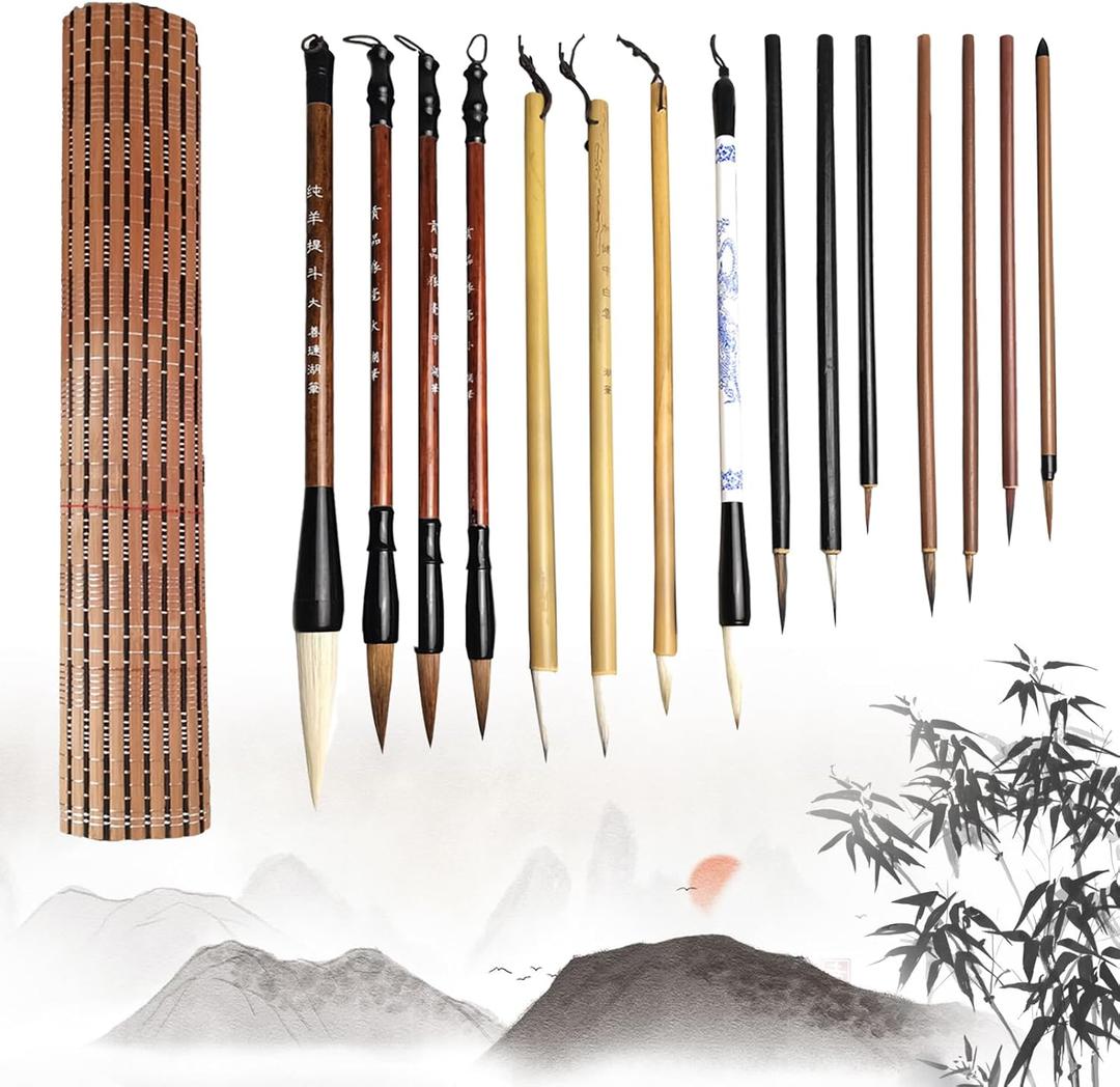 15 Pieces Chinese Calligraphy Writing Brushes Set with Writing Paper Roll-up Brush Bamboo Holder, Shanlian Hubi Kanji Japanese Sumi Drawing Brushes for Watercolor Art Ceramic Ink Writing Painting