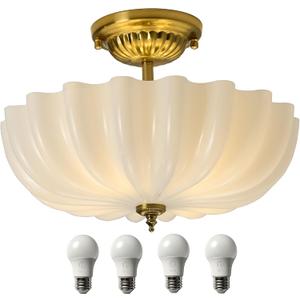 15.75-Inch Gold Semi Flush Mount Ceiling Light Milk Glass Lampshade Fixture Mid Century Modern 4-Light (Dimmable 4 Bulb is Included) Brass for Hallway Bedroom Foyer Entryway