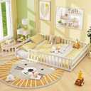 Giantex Full Floor Bed with Door & Fence, Kids Wood Montessori Beds with Safety Guardrails, Floor Bed Twin for Kids, Boys, Girls, No Box Spring Needed, White