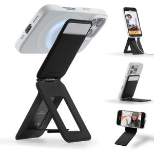 Phone Tripod Wallet for iPhone, Mulit-Angles, Lightweight & Portable Phone Stand, MOVAS Vegan Leather Magnetic Wallet, Strong Magnets, NFC Card Holder, Travel Essential, Jet Black (With Card Slot)