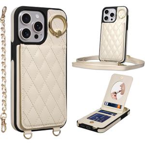 for iPhone 15 Pro Max Wallet Case 6.7" with Mirror, Credit Card Holder, Flip Cover with Lanyard Wrist Strap, RFID Blocking, Shockproof, Magnetic Closure, and Phone Stand for Women, Beige
