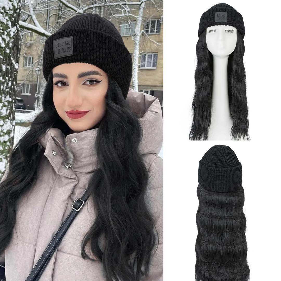 S-noilite Beanie Wig Hair Extensions,18 Inch Long Wavy Hair Extensions with Knitted Hat Wigs for Women Winter Medium Brown with Dark Blonde