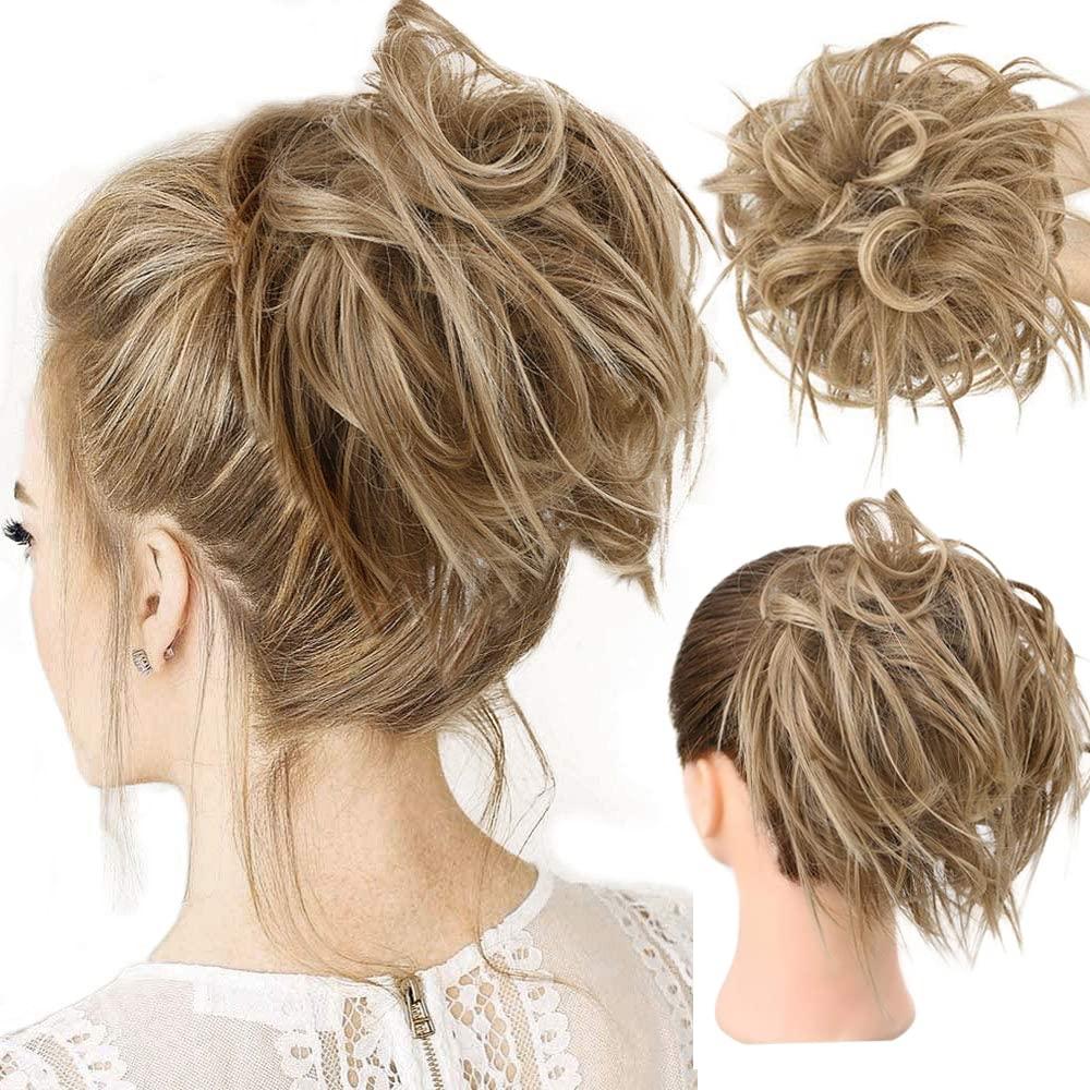 HMD Tousled Updo Messy Bun Hairpiece Hair Extension Ponytail With Elastic Rubber Band Updo Ponytail Hairpiece Synthetic Hair Extensions Scrunchies Ponytail Hairpieces for Women (12H24) (12H24(Light Brown Mix Natural Blonde))