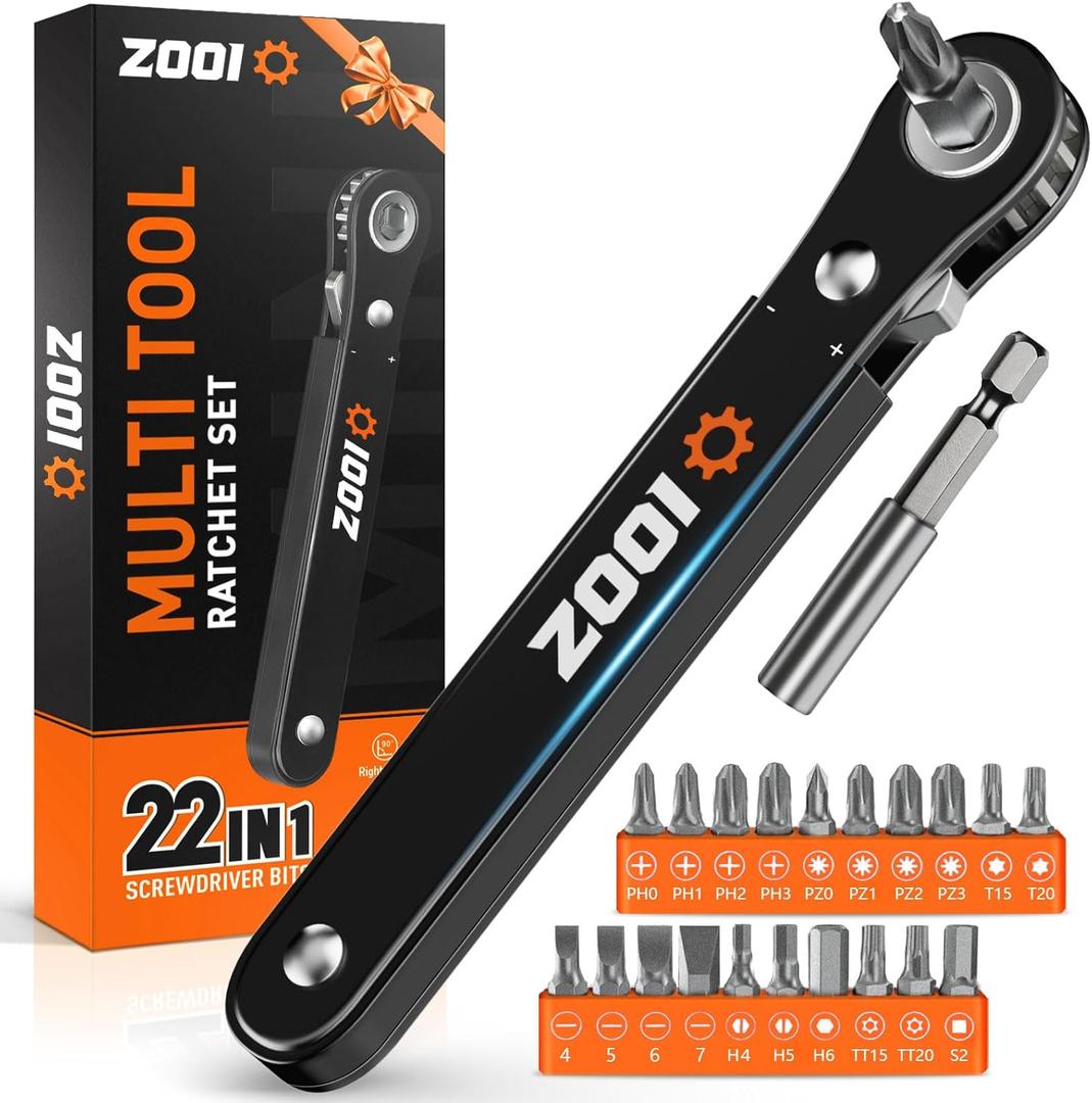 ZOOI 22 In 1 Ratchet Screwdriver Set, EDC Gear Tool Pocket Ratcheting Screwdriver, Mens Dad Gifts for Men Dad Him, 90 Degree Right Angle Screwdrivers, Tight Spaces Mini Ratchet Set (Black)