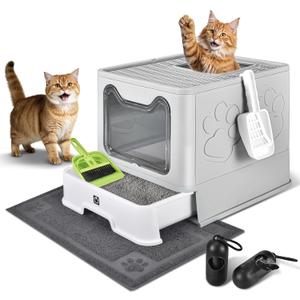 Enclosed Cat Litter Box with Lid Foldable Potty,Drawer Type Extra Large Cover Litter Box with Mat, Kitty Free in and Out/One-Way,Odor Control Anti-Splashing Easy Cleaning (Pale Grey)