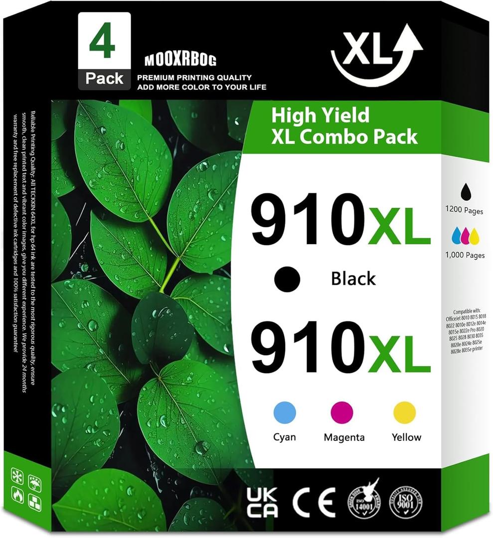 910 XL 910XL Ink Cartridges Combo Pack 4-Pack (Black/Cyan/Magenta/Yellow) Replacement for HP 910XL 910 OfficeJet 8015e 8010 8015 8022 Pro 8025e 8020 8025 8028 8030 8035 Printer
