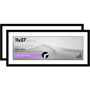 Americanflat 11x27 Picture Frame with Polished Plexiglass - Set of 2 - Use as 8x24 Frame with Mat or Display 11x27 Photo Without Mat - Galleria Collection - Picture Frames for Wall Display - Black