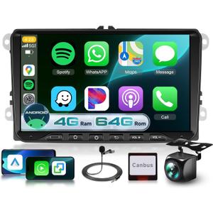 4G+64G Car Radio for VW Passat Jetta Tiguan Golf MK5 MK6 T5 EOS Polo 9" Touch Screen Stereo with Android 15/CarPlay/Android Auto/GPS Navigation/Bluetooth/FM/RDS Radio/AHD Backup Camera