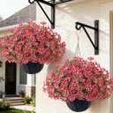 VIERENA 2 Sets Artificial Morning Glory and Eucalyptus Hanging Basket for Outdoor, UV-Resistant Fake Flower Hanging Basket, Suitable for Porch, Aisle, Garden, Patio, Eaves Decor (Rose Red)