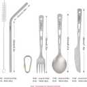 3 x Titanium Knife Fork Spoon Drinking Straw Ultra-Light Weight Tableware Durable Flatware Cutlery Set w. with Carabiner clip Reusable Eco-friendly for hiking camping scouting outdoor sports long lasting