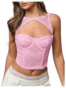 WDIRARA Women's Cut Out Lace Crop Bustier Corset Tank Top Sexy Going Out Party Club Tops Pink X-Small