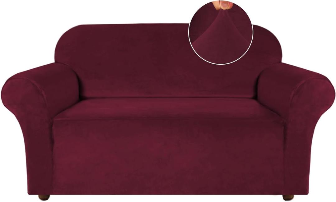 Turquoize Velvet Loveseat Covers Stretch Love Seat Couch Covers for 2 Cushion Couch Velvet Sofa Cover with Non Slip Elastic Bottom Furniture Cover Crafted from Soft Fabric (Loveseat, Burgundy)