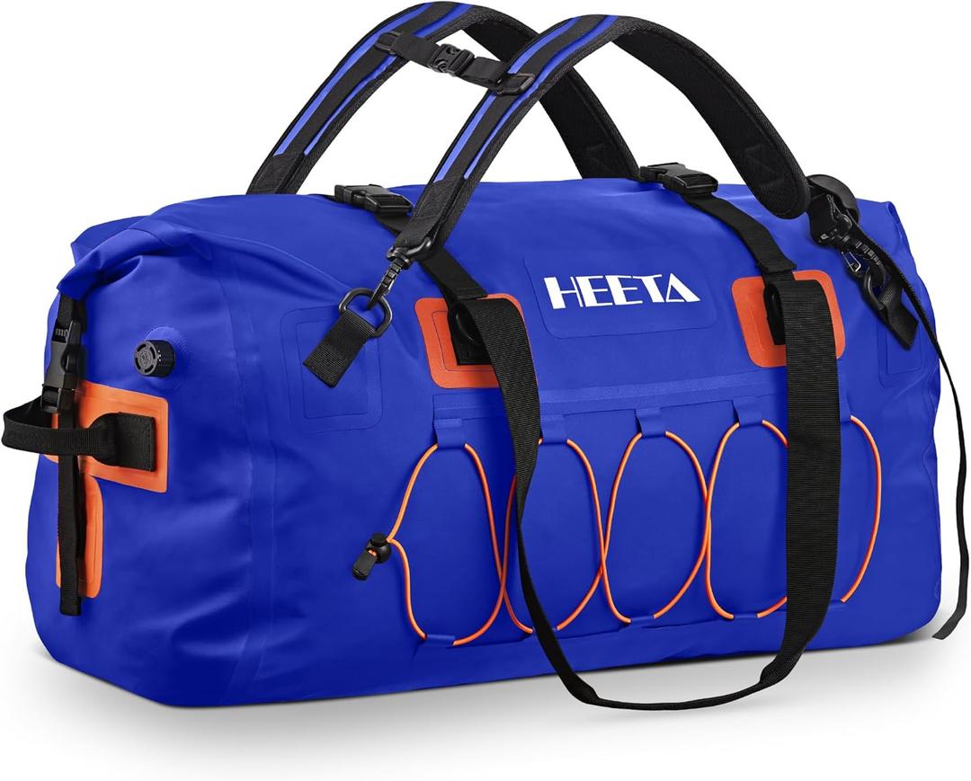 HEETA Waterproof Duffel Bag Motorcycle Dry Bag Backpack, 60L Extra Large Rolltop Travel Duffle Bags with Straps & Handles for Kayaking Rafting Boating Canoeing Camping Gym Beach Cruise Ship 