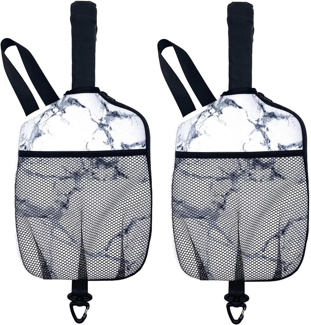 Wanty Pack of 2 Neoprene Improved Pickleball Paddle Cover With Hook and Handle, Zipper Racket Carry Sleeve With Mesh Pocket, Protective Bag (Marble White)