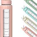32 oz Glass Water Bottle with Lid and Straw, Motivational Borosilicate Glass Bottle with Silicone Sleeve (Pink Sleeve)