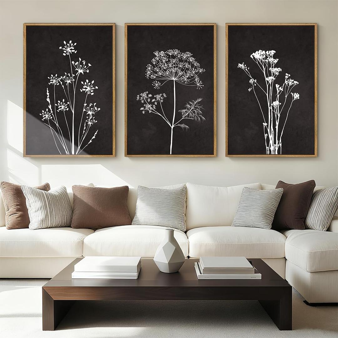 BINCUE Framed Botanical Wall Art Black Grey and White Plant Floral Print Canvas for Living Room Bedroom Office 3 Panel 16x24 Inches