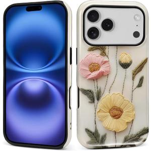 Case for iPhone 17 Pro Case,Faux Embroidery Boho Floral Design Hybrid Dual Protection Silicone Hard PC Shockproof Full Body Cover Slim Anti Scratch Protective Case for Men Women