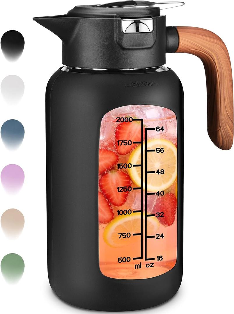 84oz Glass Pitcher with Lid and Handle Borosilicate Glass Water Jug/Carafe for Hot & Cold Beverages, 2.5Liter Large Pitcher with Silicone Sleeve & Wide Mouth, Fridge Safe for Iced Tea, Coffee, Juice
