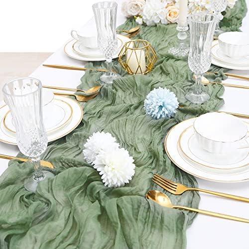 LuoluoHouse 7 pcs Sage Green Cheesecloth Table Runners 10FT Summer Boho Gauze Table Linens for Holiday Birthday Wedding Reception Rustic Table Decor
