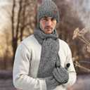Mens Hat and Gloves Set, Warm Beanie Knit Long Scarf Fleece Lined Winter Hats Touchscreen Gloves for Men (Style A-white Black)