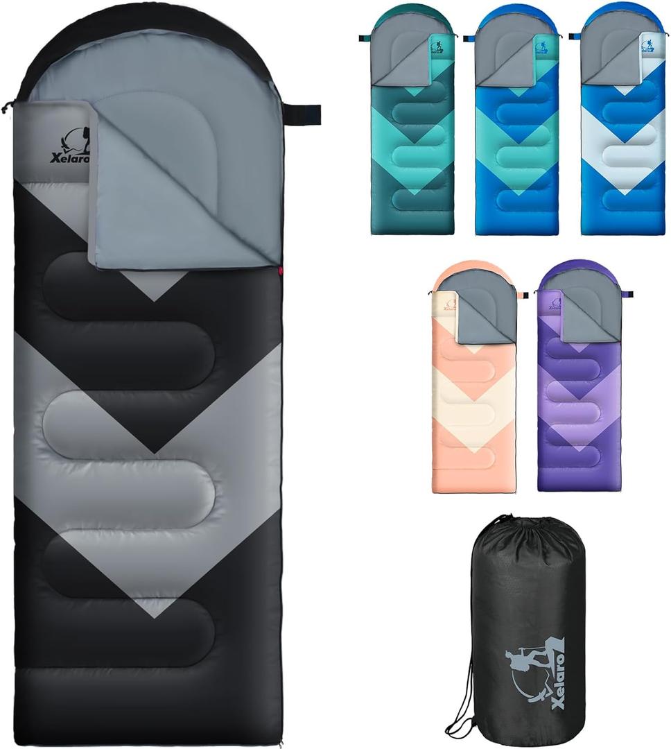 Sleeping Bag for Adults, Girls, Boys - 3 Season Warm & Cool Weather Lightweight Waterproof Camping Bag for Hiking, Outdoor Travel (black)