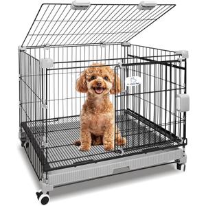 Homey Pet 30 Inch Wire Dog Crate for Small Dogs with Lockable Wheels, Black