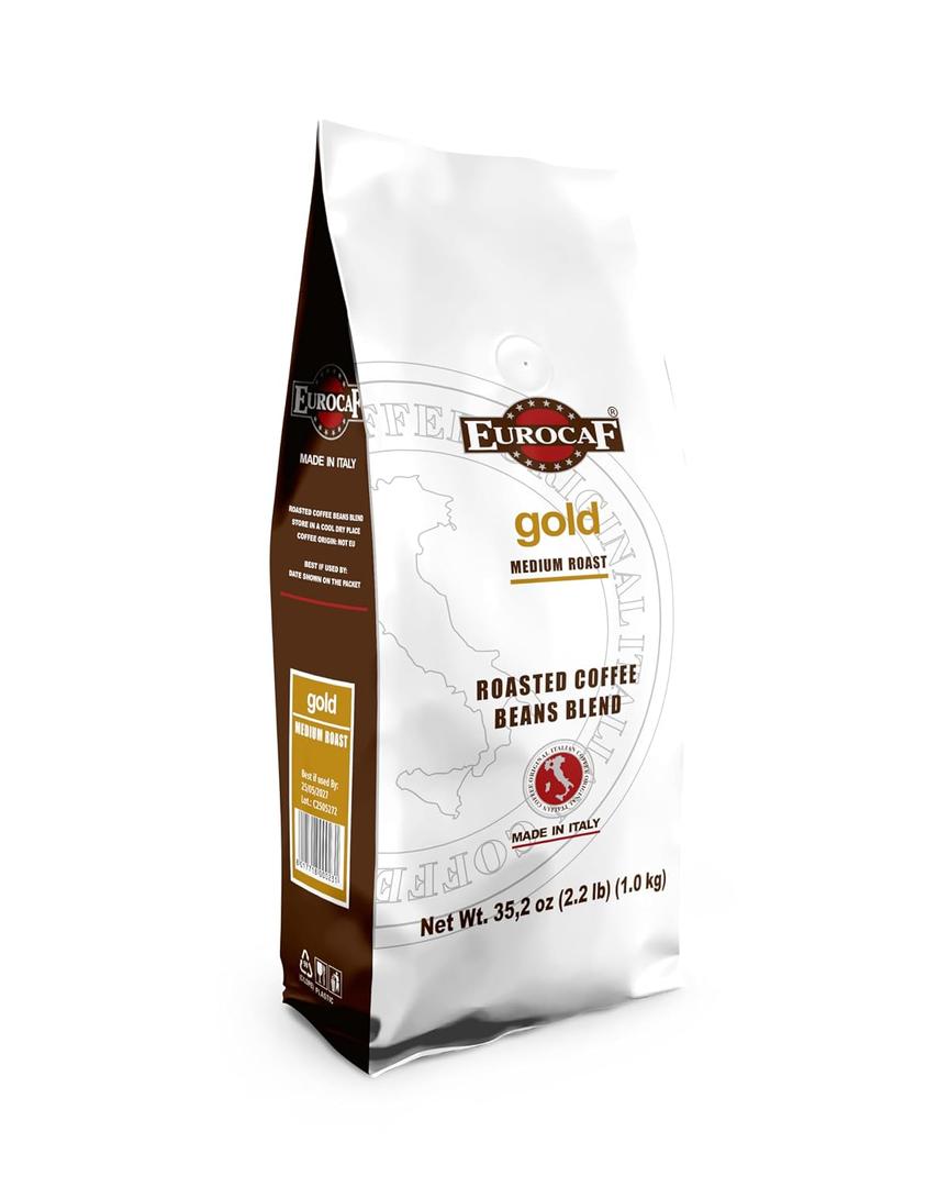 Eurocaf Blend Gold, Whole Bean Coffee, Medium Roast, 2.2 Ib, Original Italian Coffee (Pack of 1) (EXP 04/07/27)