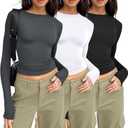 AUTOMET 3 Pack Womens Long Sleeve T Shirts Fall Fashion Basic Going Out Crop Tops Slim Fitted Winter Clothes 2025 (Gray, M)