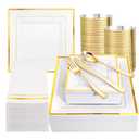 Festiva 50pc Gold Plastic Plates - Disposable Square Gold Plates Dinnerware set include 9.5"/6" Plates,Cups,Plastic Cutlery,Hand Napkins Perfect for 50 guests Party&Birthday&Wedding